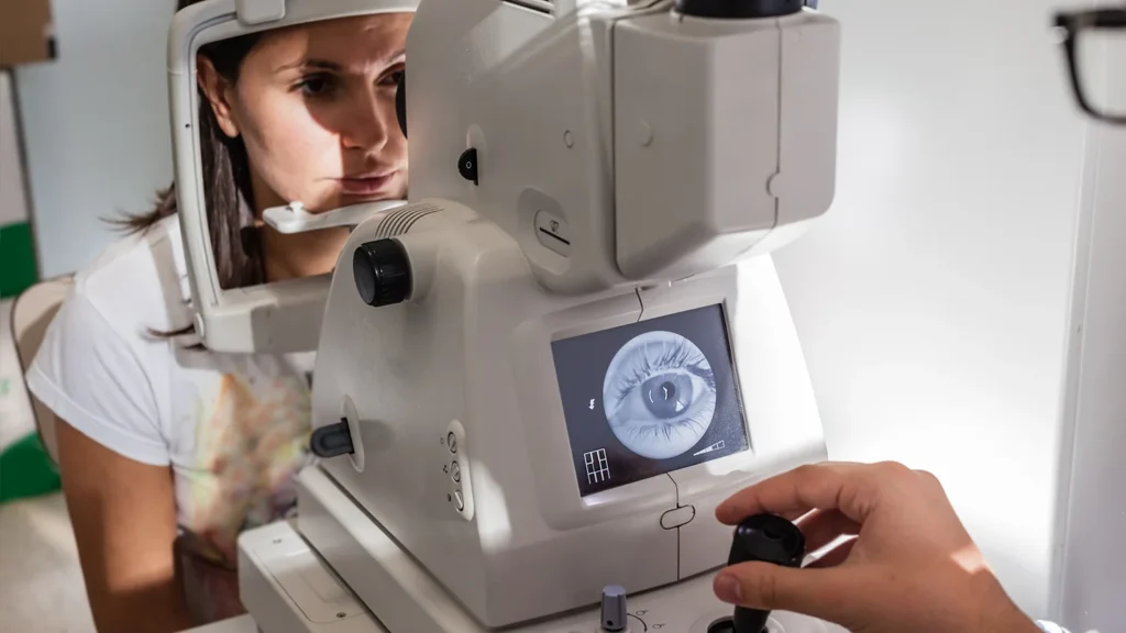 Person seated at a machine with a retina eye dr